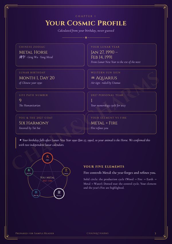 Sample page: Your Cosmic Profile: zodiac animal, element and birth chart